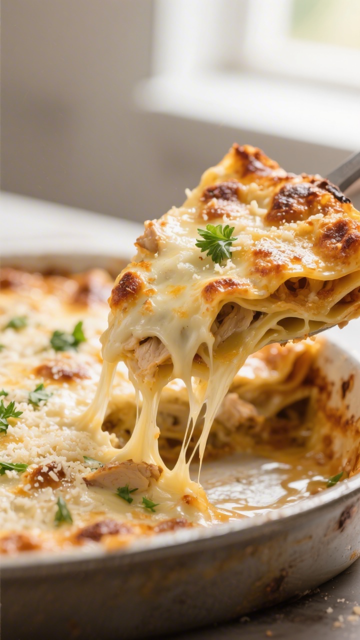 Close-up detail: A gooey, golden-browned top layer of Chicken Alfredo Lasagna just out of the oven,