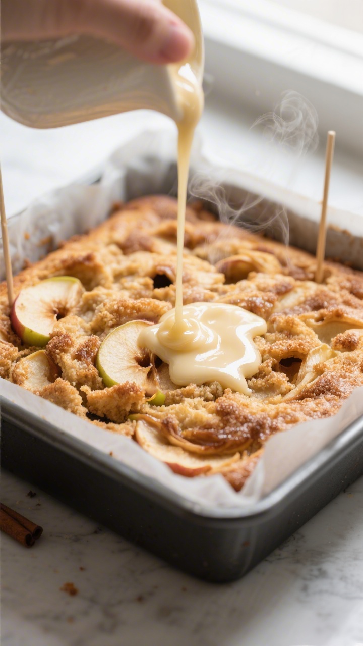 Close-up detail: A just-baked Apple Fritter Cake still in a parchment-lined 9-inch square pan, golde