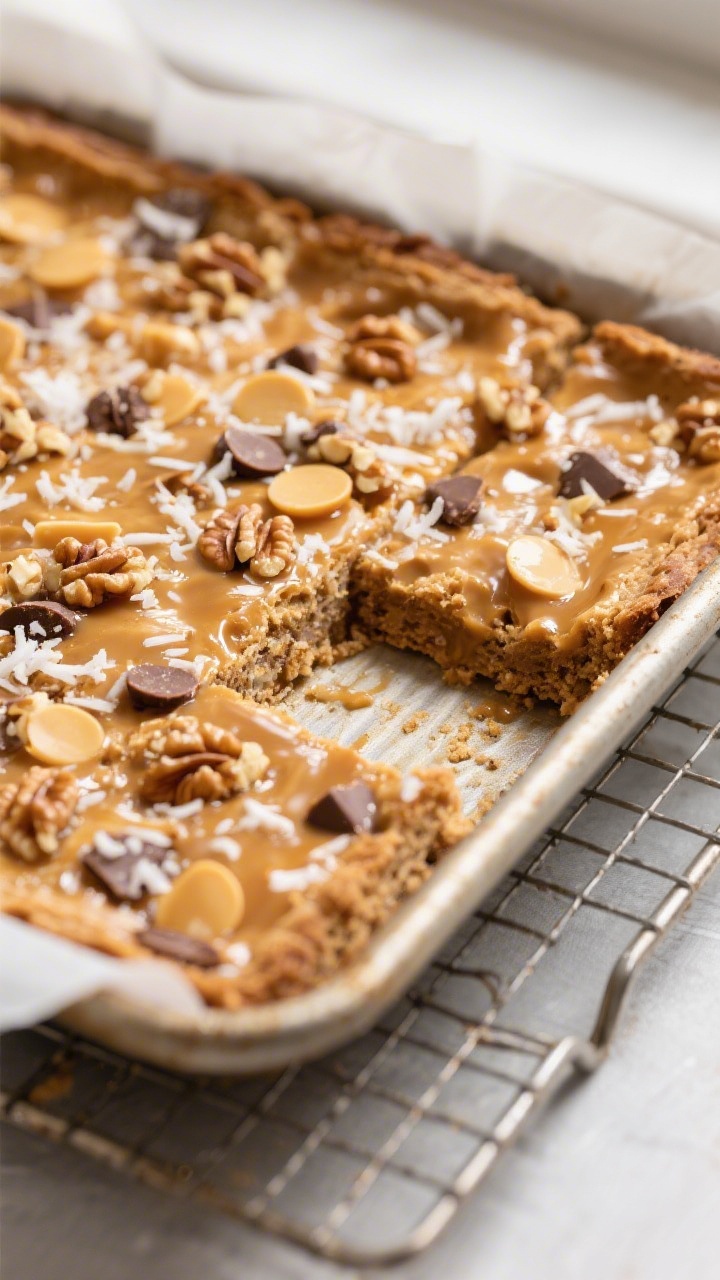 Close-up detail: A just-baked pan of Magic Cookie Bars cooling on a wire rack, edges deeply golden w