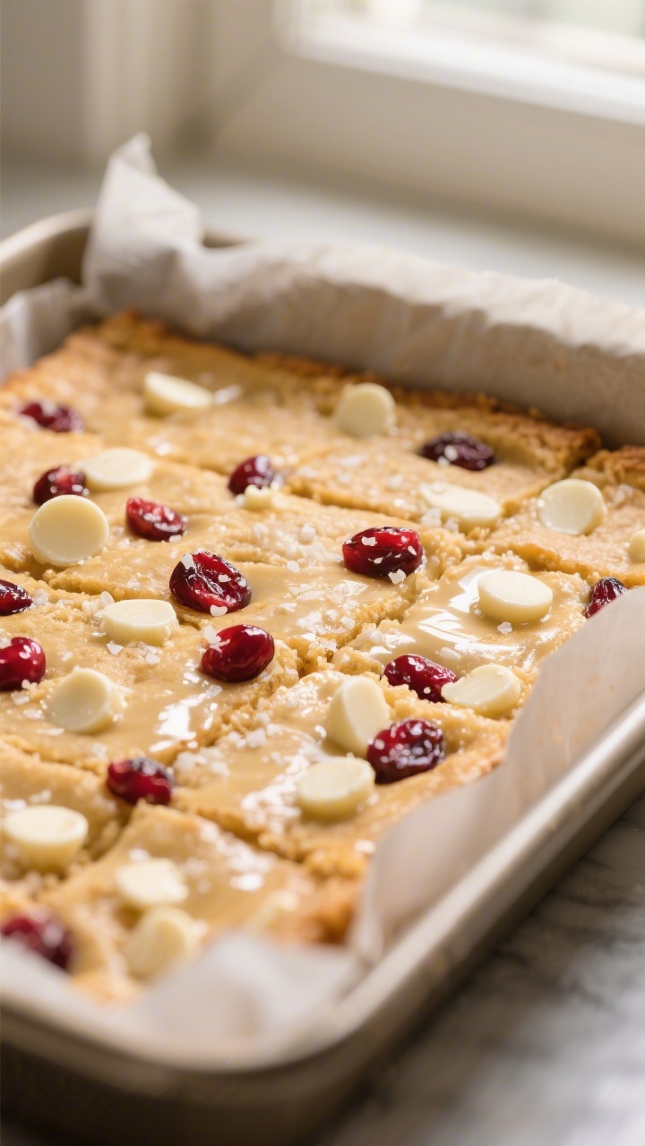 Close-up detail: A just-baked slab of White Chocolate Cranberry Blondie Bars still in a parchment-li