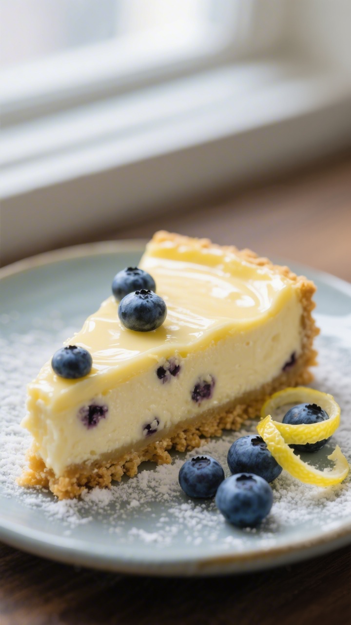 Close-up detail: A just-sliced Lemon Blueberry Cheesecake Bar showing a clean, glossy lemon-cream fi
