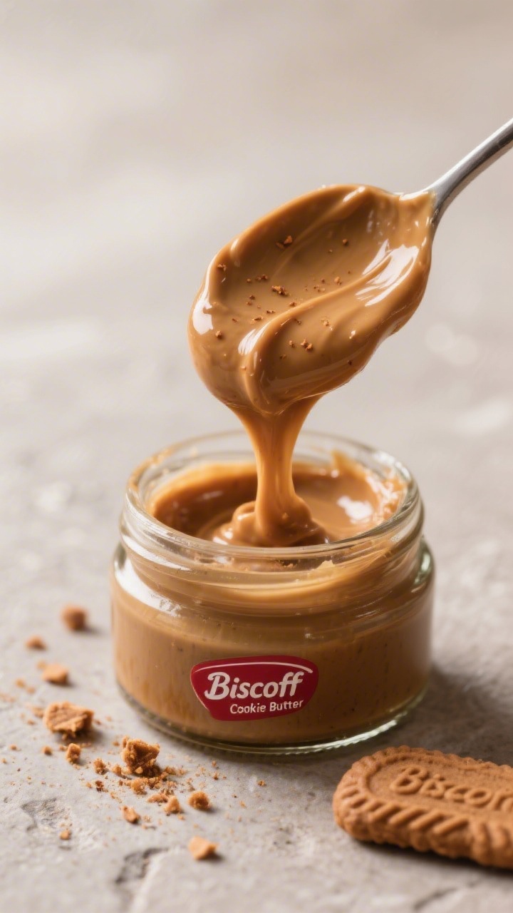 Close-up detail: A silky ribbon of homemade Biscoff cookie butter falling off a spoon into a glass j