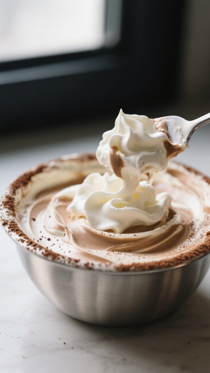 Close-up detail: A silky tiramisu dip being folded together—spatula gently lifting a cloud-like ma