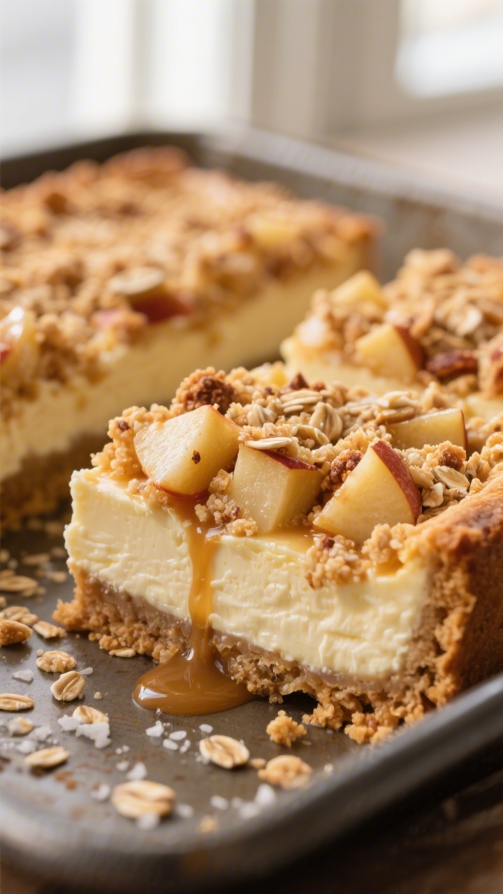 Close-up detail: A tight macro shot of freshly baked Apple Pie Cheesecake Bars just out of the oven,