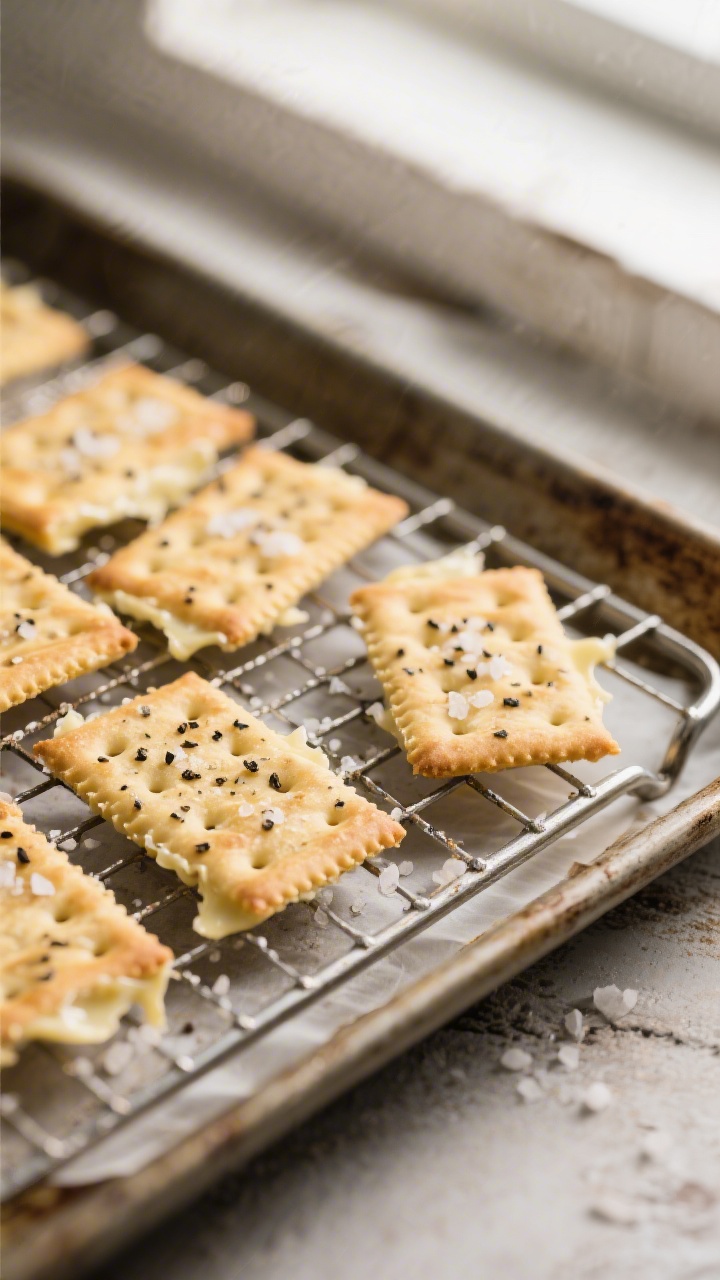 Close-up detail: A tray of freshly baked Asiago black pepper crackers cooling on a wire rack, golden