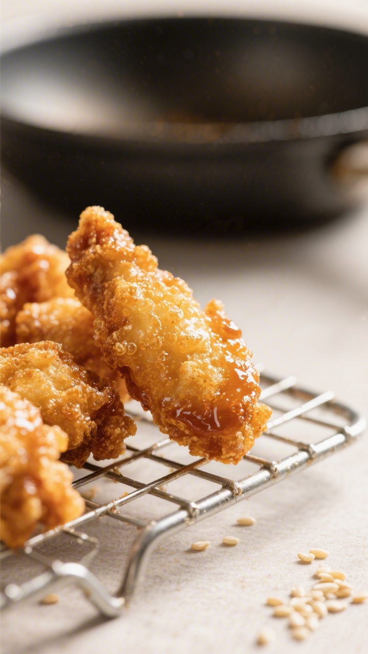 Close-up detail: Crispy sweet and sour chicken bites just after frying, golden craggy coating with m