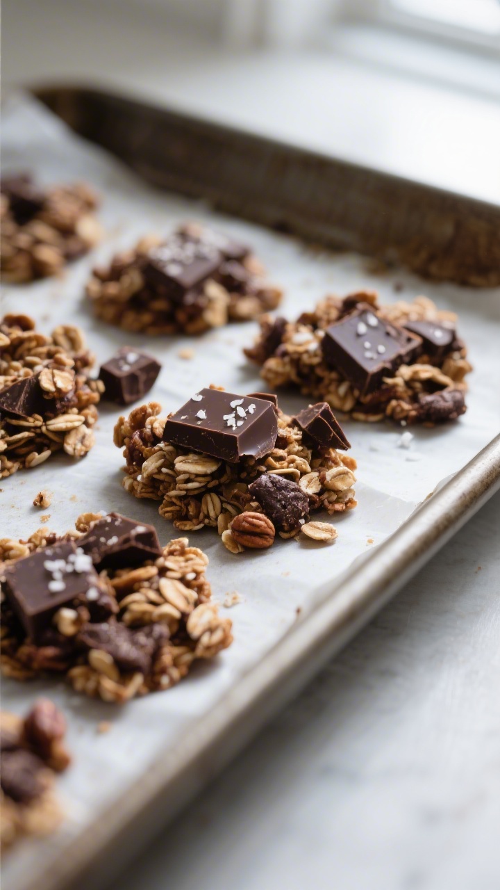 Close-up detail: Dark chocolate granola clusters cooling on a parchment-lined sheet pan, tight macro