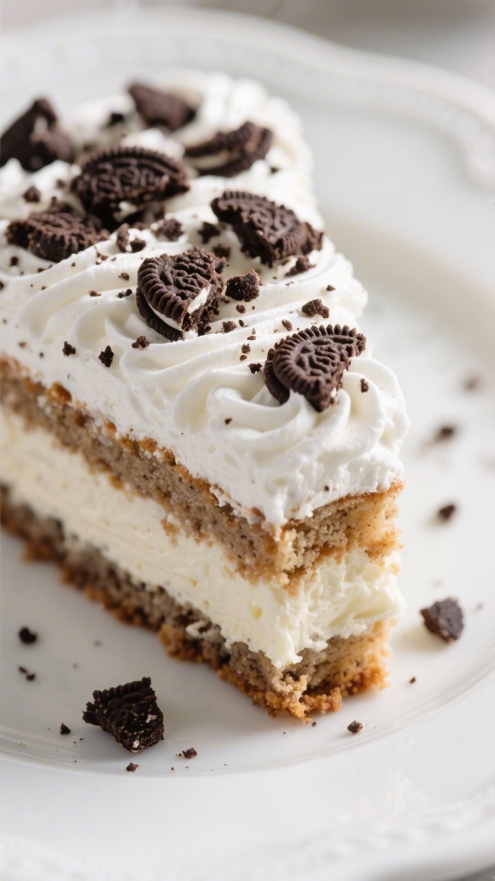 Close-up detail — Fluffy topping and cookie crunch: Macro shot of a chilled slice of Cookies and C
