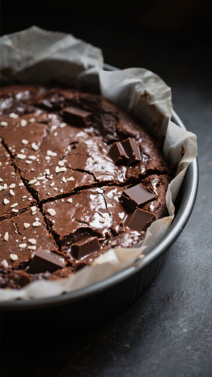 Close-up detail: Freshly baked fudgy brownies still in the parchment-lined 8-inch pan, edges slightl