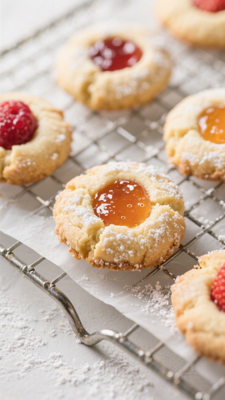 Close-up detail: Freshly baked thumbprint cookies cooling on a wire rack, jam centers (raspberry, ap