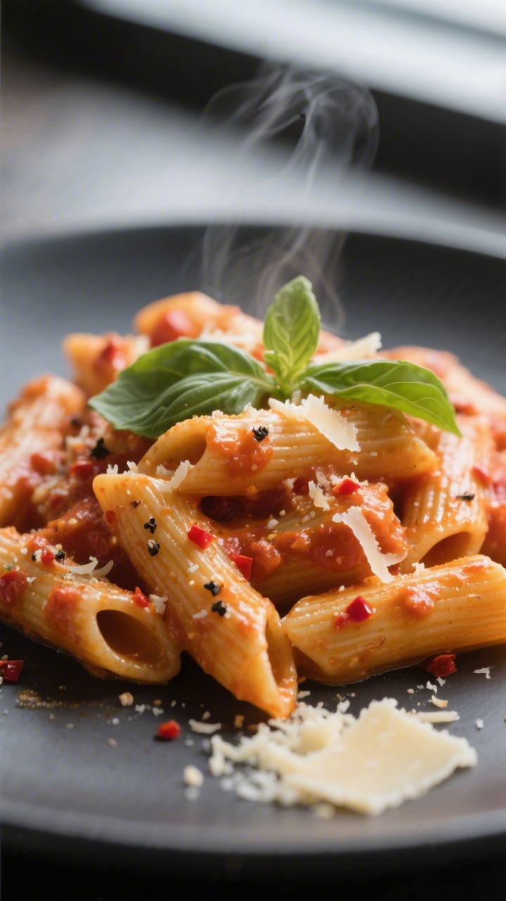 Close-up detail: Glossy penne coated in creamy tomato-Parmesan sauce, strands of melted Parmesan cli