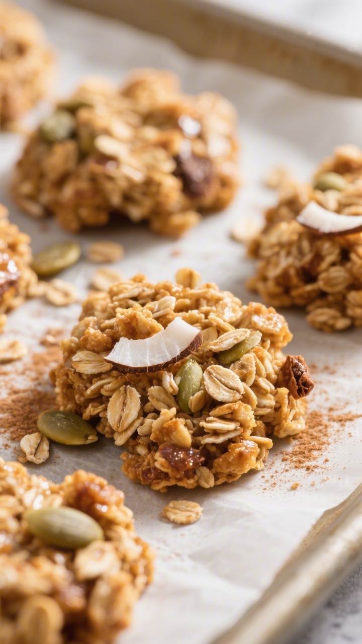 Close-up detail: Golden-baked protein granola clusters just out of the oven, showing crisped oats, t