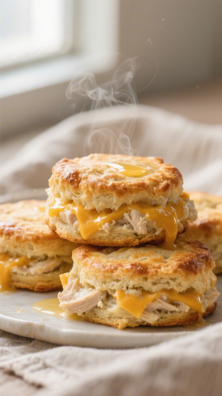 Close-up detail: Golden, flaky cheddar biscuits just out of the oven, brushed with melted butter so