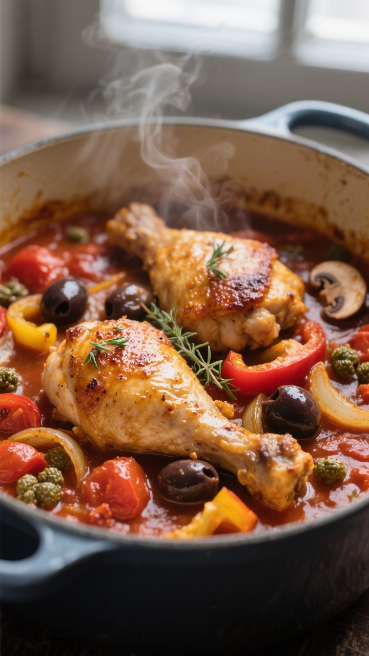 Close-up detail: Golden-seared chicken thighs nestled in a simmering cacciatore sauce, glistening to