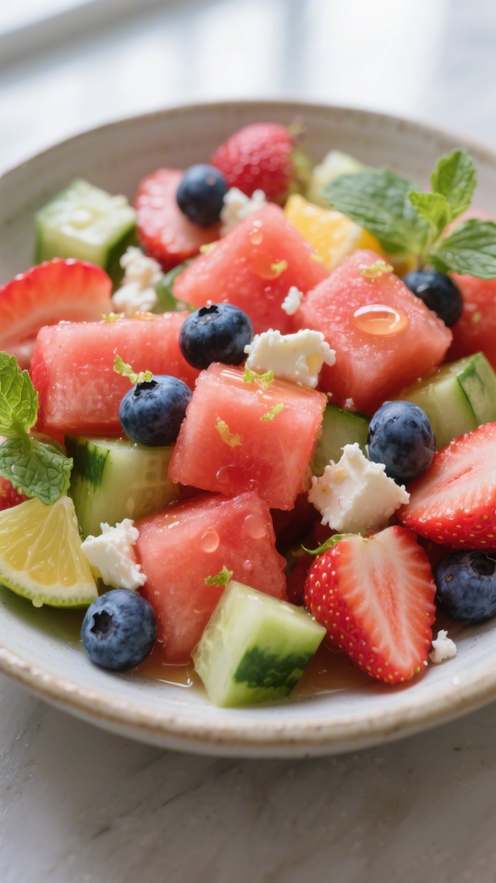 Close-up detail: Juicy cubes and melon balls of chilled watermelon tossed with sliced strawberries,