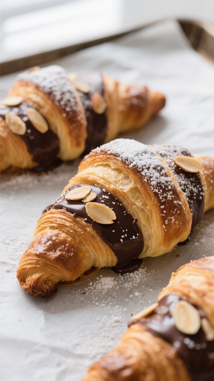 Close-up detail: Just-baked chocolate almond croissants on a parchment-lined sheet, deep golden tops