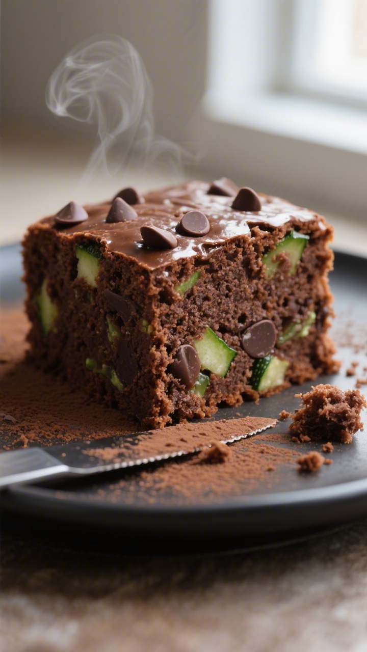 Close-up detail: Just-sliced square of chocolate zucchini cake, ultra-moist crumb glistening with me