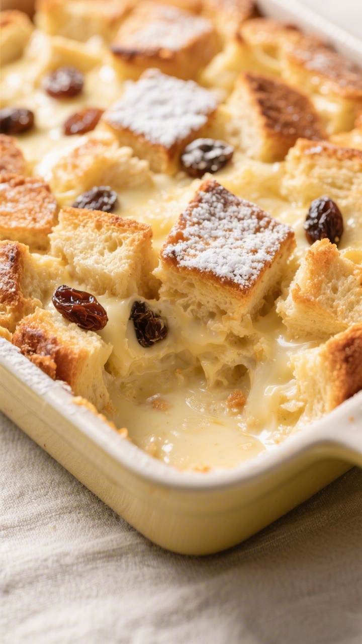 Close-up detail of freshly baked vanilla bread pudding just out of the oven: golden, lightly crisped