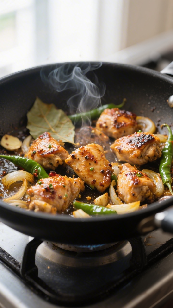 Close-up detail: Pepper chicken sizzling in a skillet during the sear, showing caramelized edges on