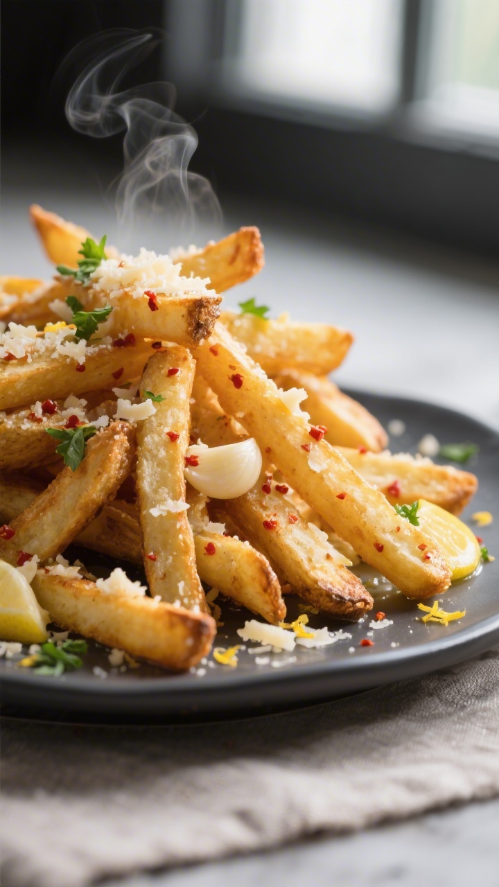 Close-up detail: Pile of freshly baked Garlic Parmesan Fries just tossed in warm garlic butter, shot