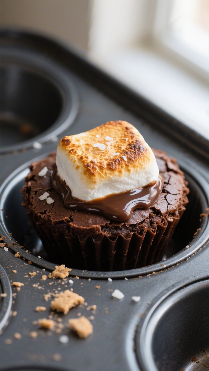 Close-up detail shot: A freshly broiled S’mores Brownie Bite still in the mini muffin pan, showing