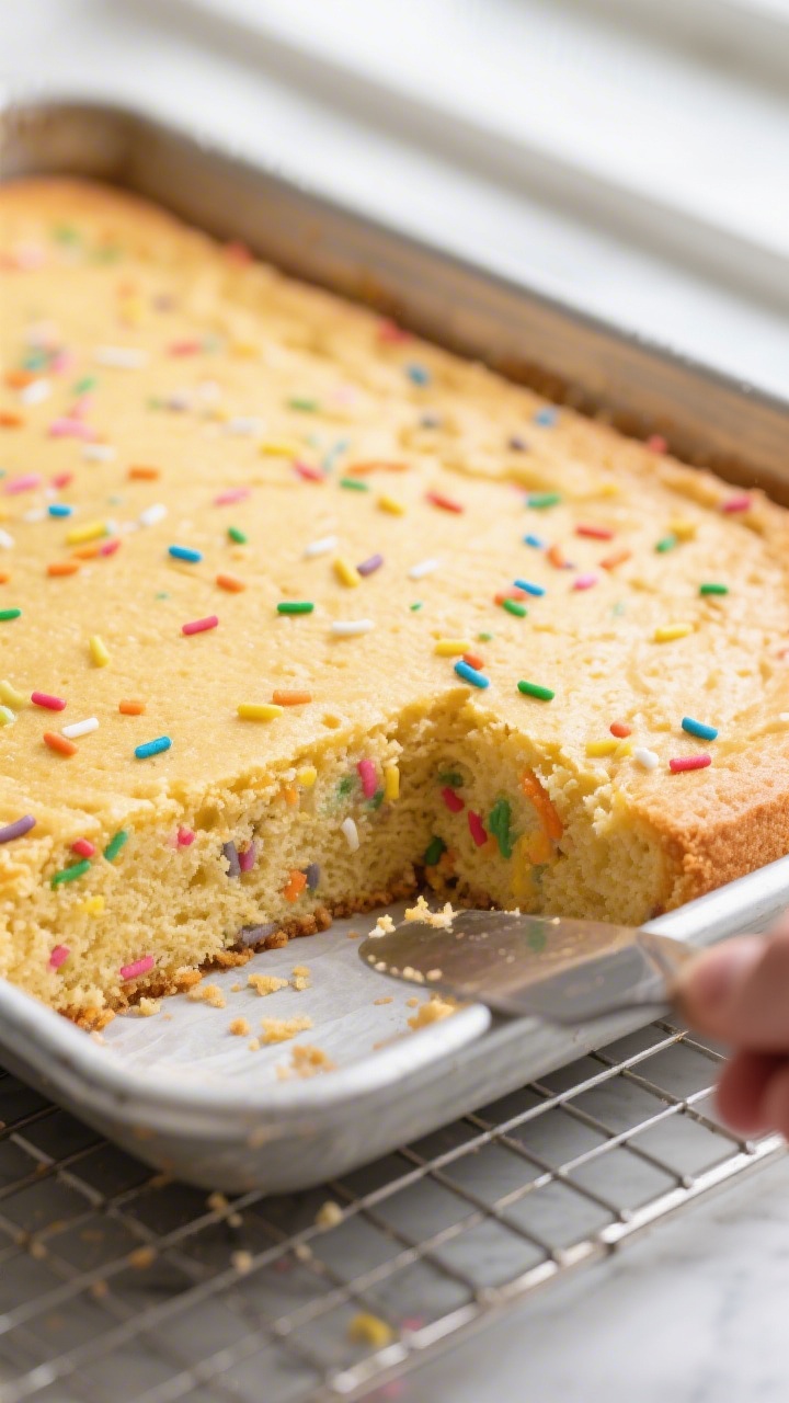 Close-up detail shot: A just-baked confetti sheet cake in a 9x13 metal pan, golden top with a soft,