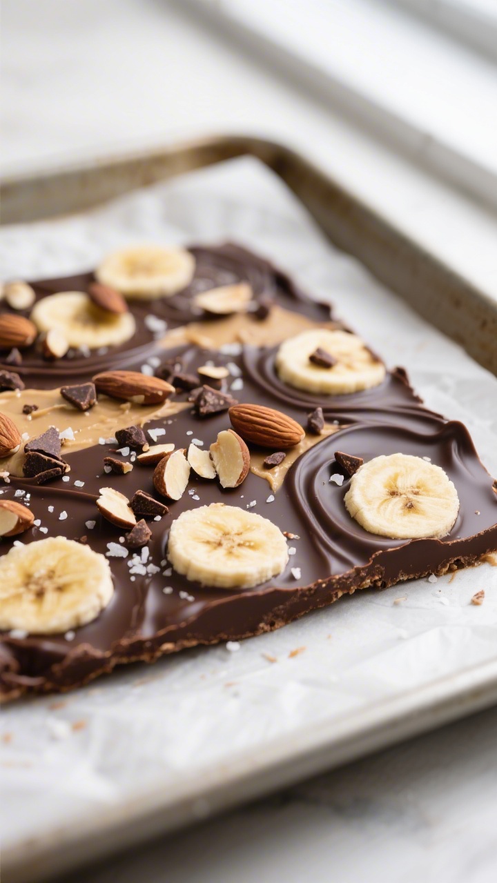 Close-up detail shot: A slab of just-set Chocolate Banana Bark on parchment, glossy dark chocolate c