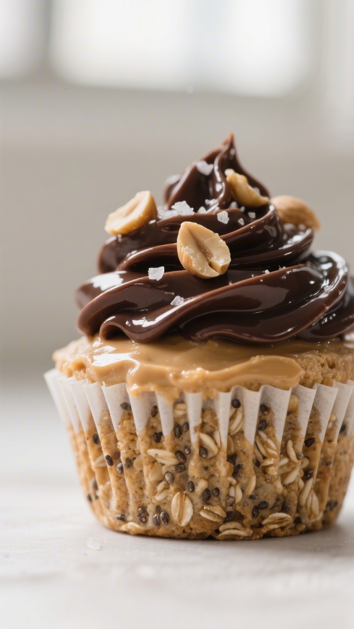 Close-up detail shot of a chilled peanut butter oat base pressed into a lined muffin cup, topped wit