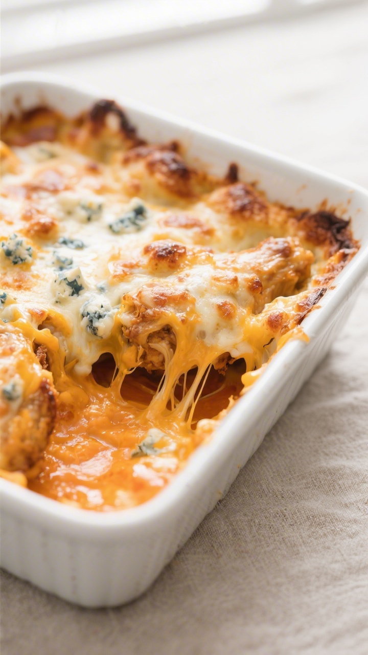 Close-up detail shot of freshly baked chicken wing dip just out of the oven, edges visibly bubbling