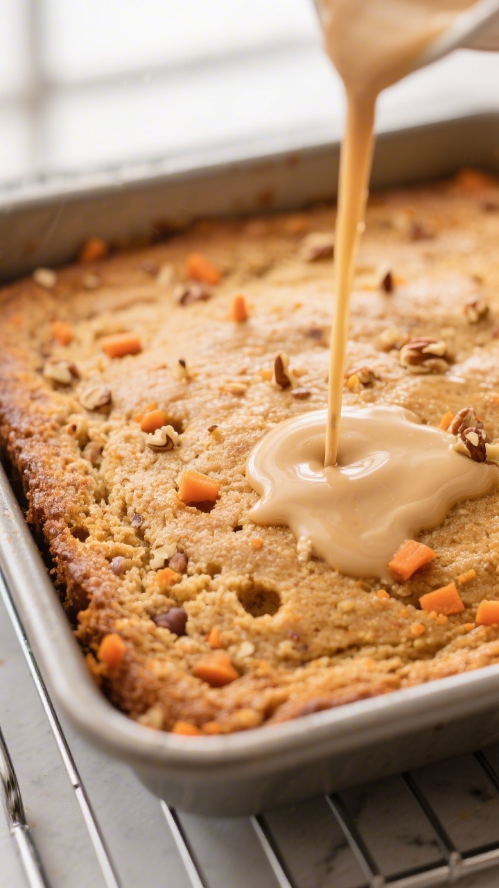Close-up detail: Warm carrot cake just out of the oven in a 9x13 pan, surface golden-brown with a fi