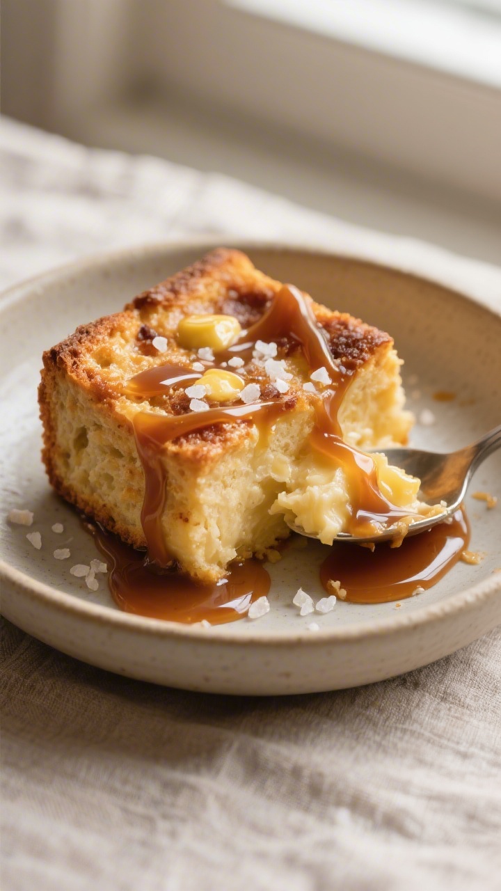 Close-up detail: Warm square of baked bread pudding just out of the oven, spooned into a shallow bow