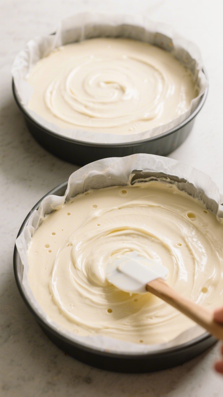 Cooking process: Batter being smoothed in two 8-inch round pans before baking, showing silky, pale b
