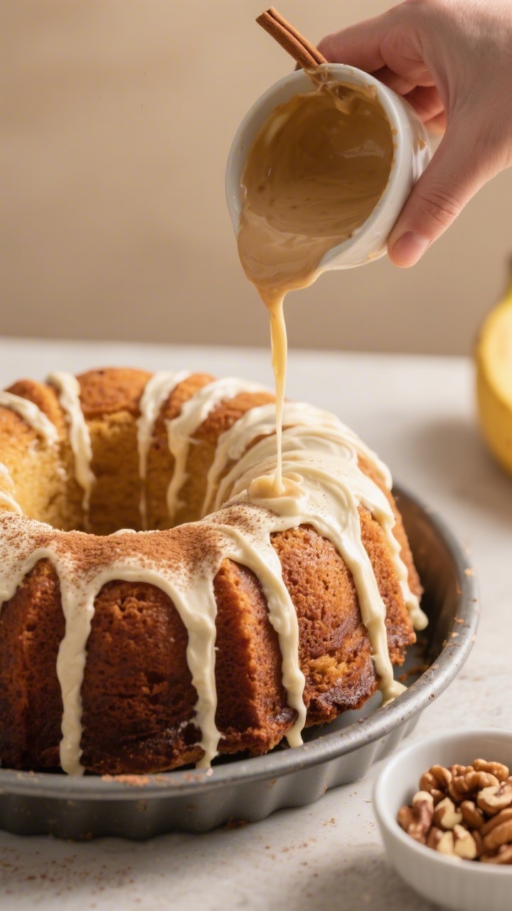 Cooking process: Cinnamon cream cheese frosting being drizzled in slow ribbons over a fully cooled B