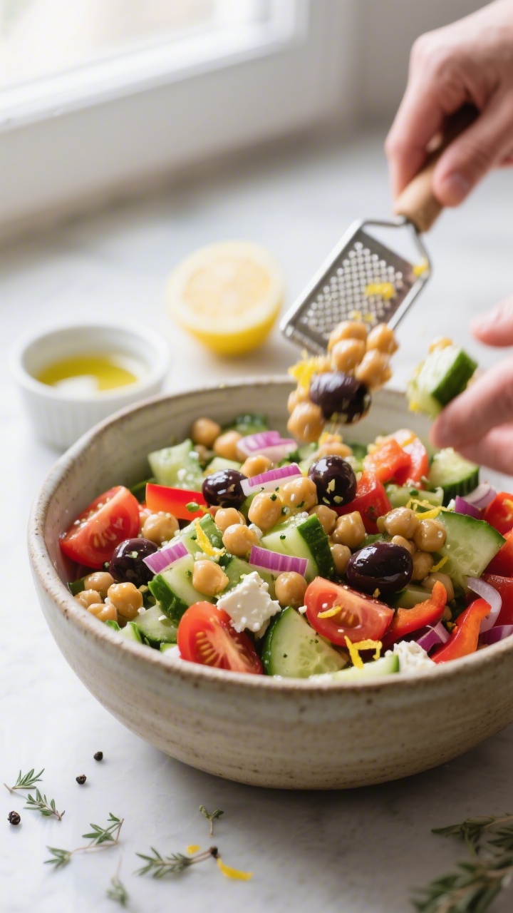 Cooking process close-up: A large ceramic mixing bowl filled with the prepared Chickpea Cucumber Fet