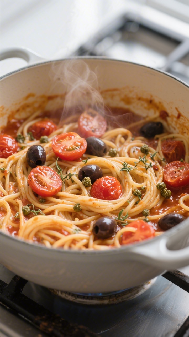 Cooking process, close-up detail — One Pot Greek Spaghetti mid-simmer in a wide enamel pot: glossy