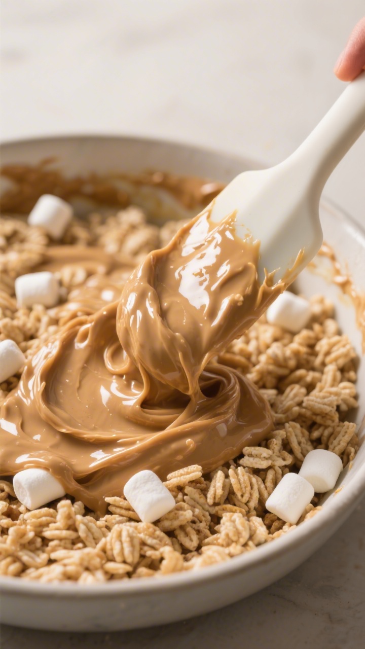 Cooking process close-up: Gooey peanut butter–marshmallow mixture being folded into a large bowl o