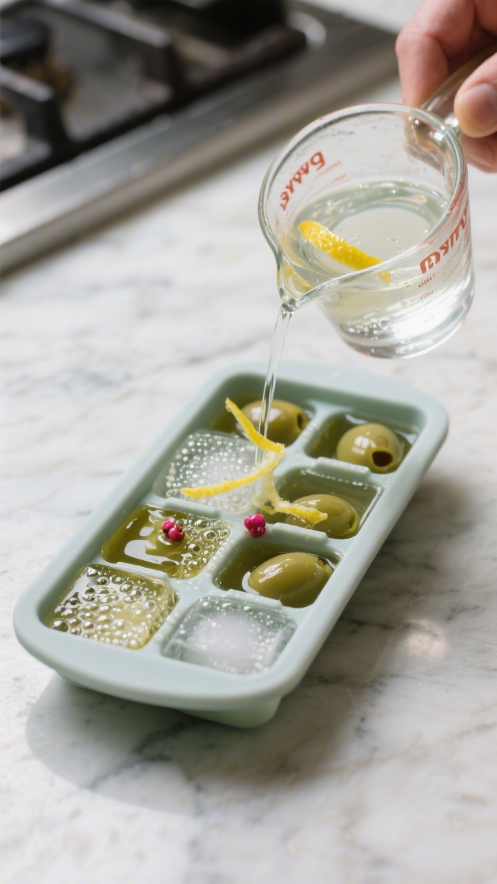 Cooking process close-up: Silicone ice cube tray being filled with a perfectly mixed dirty martini b