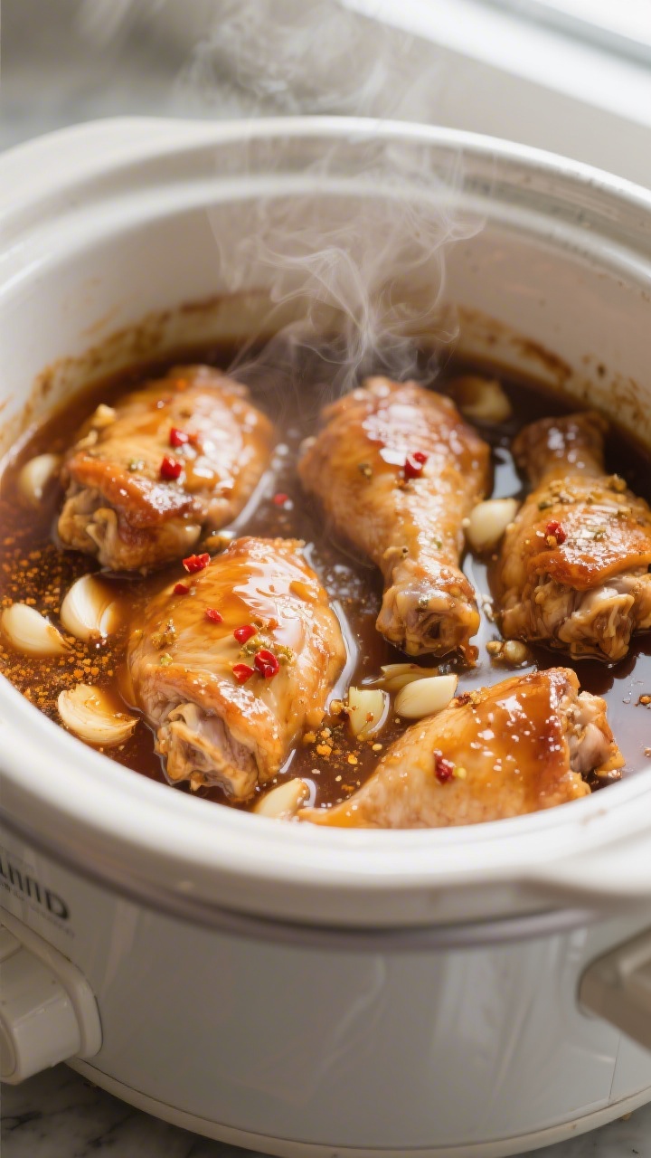 Cooking process close-up: Slow cooker honey garlic chicken thighs simmering in a glossy, amber-brown