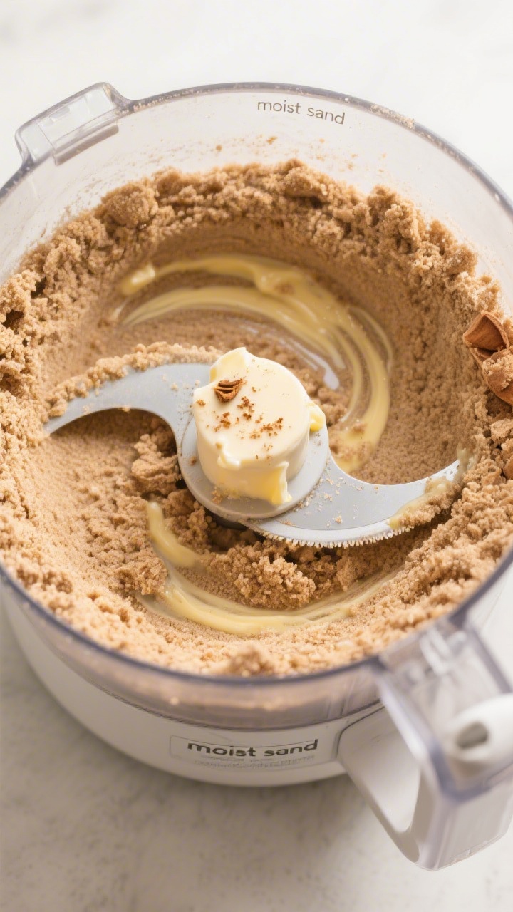 Cooking process: Overhead shot of a food processor bowl mid-blend showing the “moist sand” stage