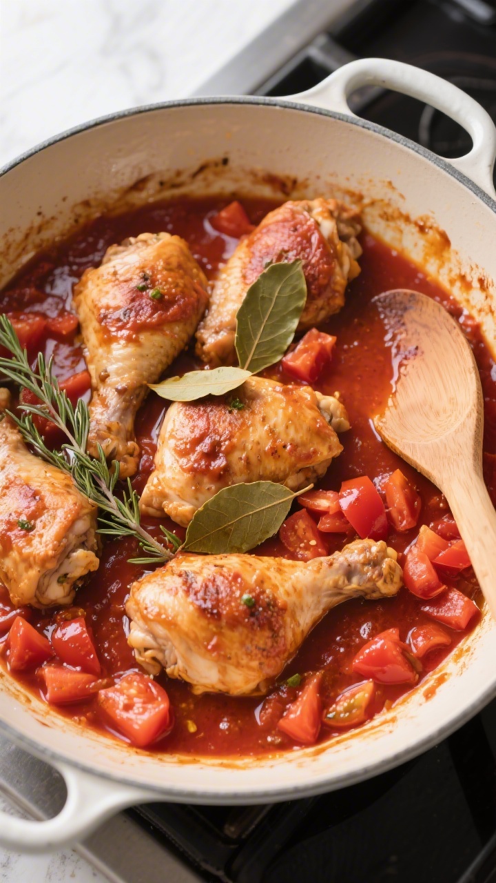 Cooking process: Overhead shot of chicken cacciatore mid-simmer in a wide, enameled skillet—chicke