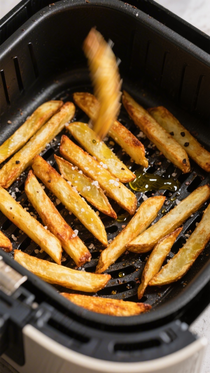 Cooking process: Overhead shot of fries in an air fryer basket mid-cook, showing evenly spaced, 1/3-