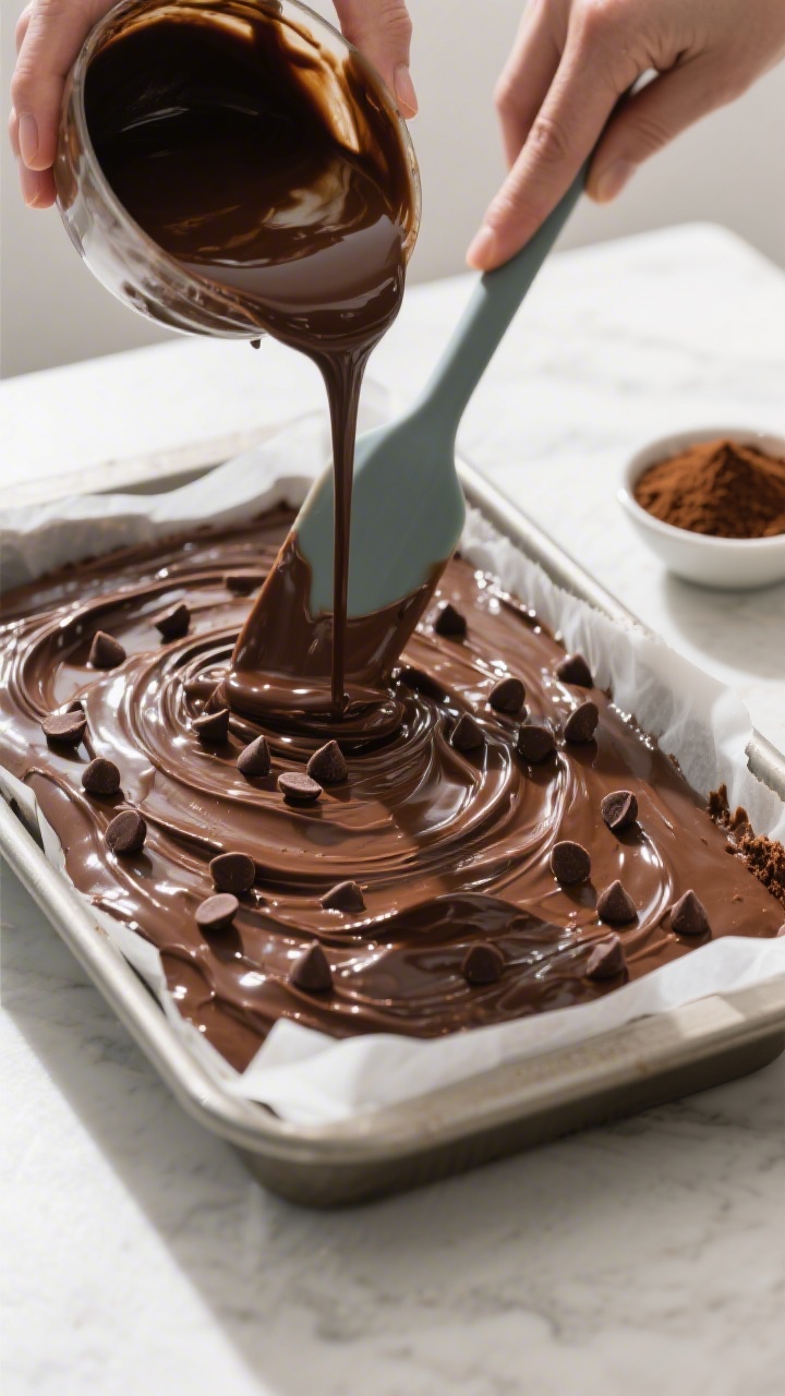 Cooking process: Overhead shot of glossy chocolate batter being poured and smoothed into a parchment