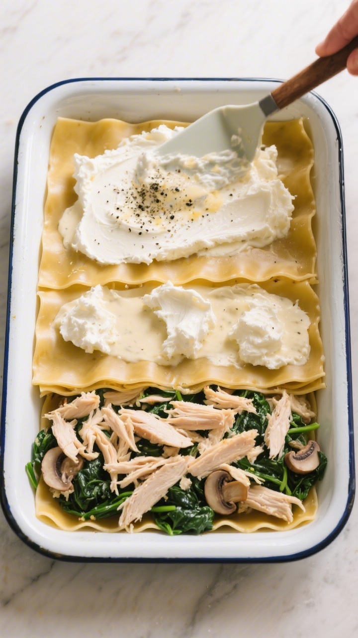Cooking process: Overhead shot of lasagna assembly in a 9x13 baking dish—no-boil noodles laid over