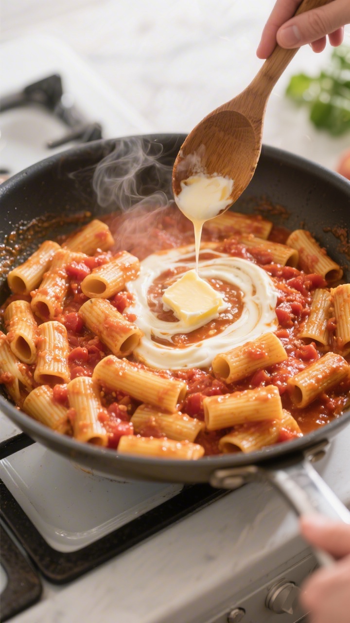 Cooking process: Overhead shot of pasta finishing in the sauce—rigatoni tossed in a wide sauté pa