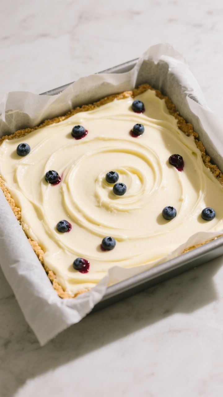 Cooking process: Overhead shot of the assembled cheesecake batter in a parchment-lined 9x9 pan right