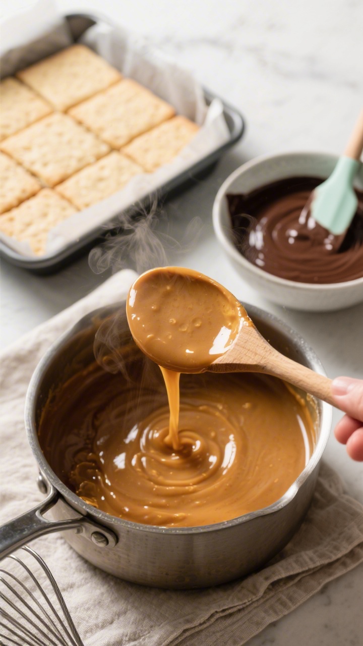 Cooking process: Overhead shot of the caramel finishing stage in a saucepan—deep golden coconut-ca