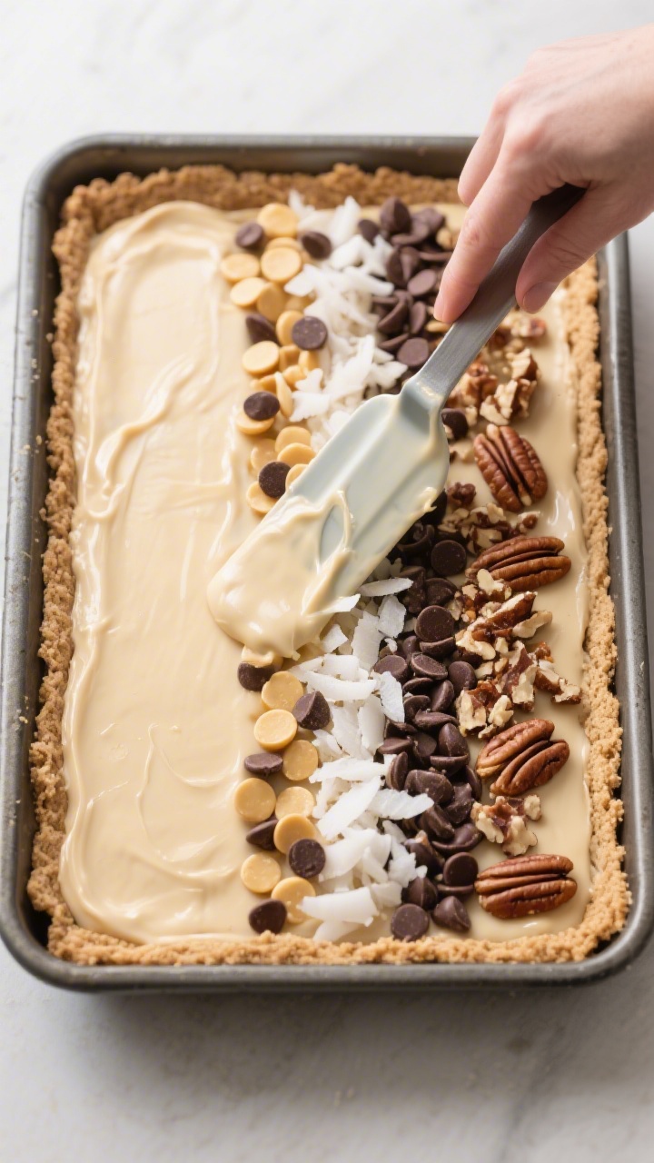 Cooking process: Overhead shot of the prebaked graham cracker crust in a 9x13 pan as silky sweetened