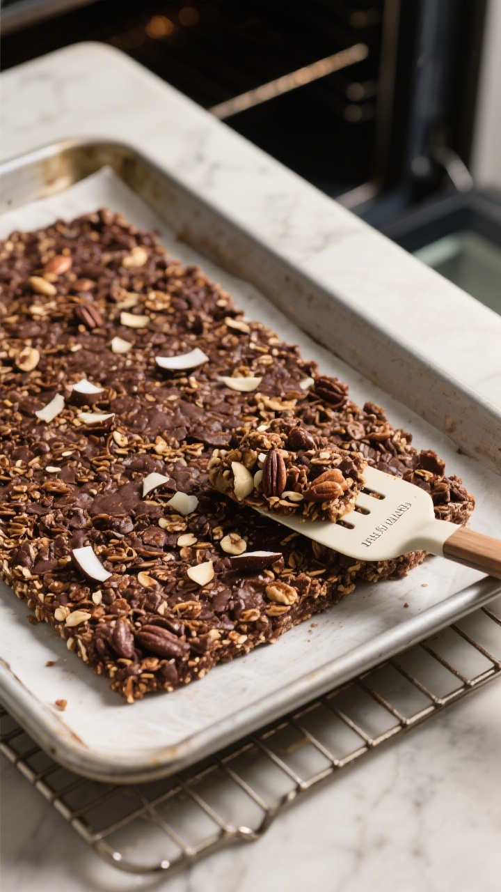 Cooking process: Overhead shot of the pressed granola slab on a large baking sheet just out of the 3