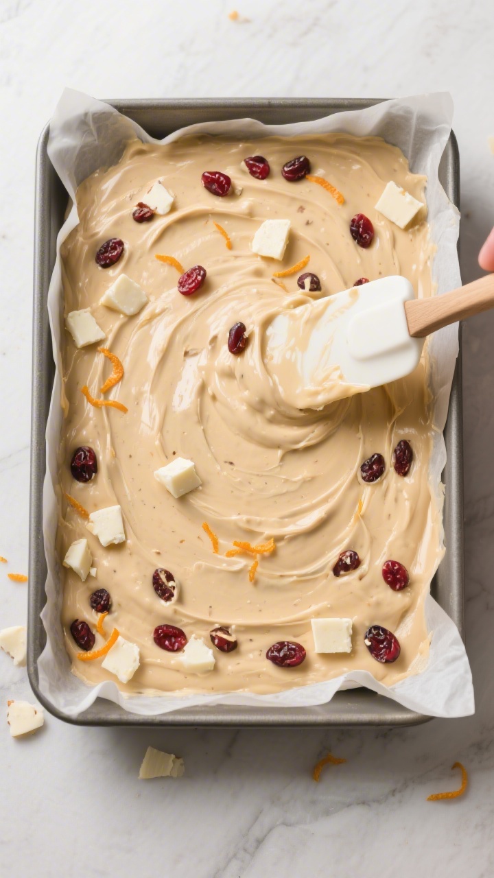 Cooking process: Overhead shot of the thick blondie batter being smoothed evenly into a parchment-li