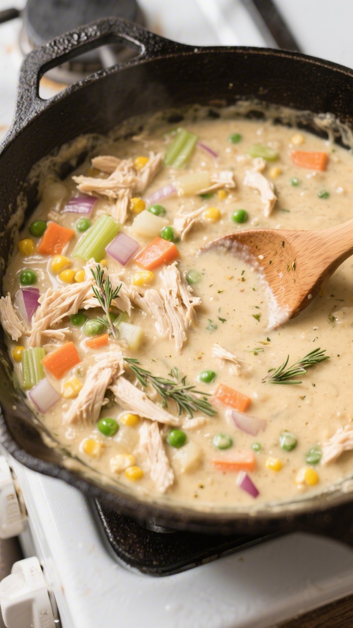 Cooking process: Overhead shot of the thick, creamy chicken filling simmering in a large cast-iron s